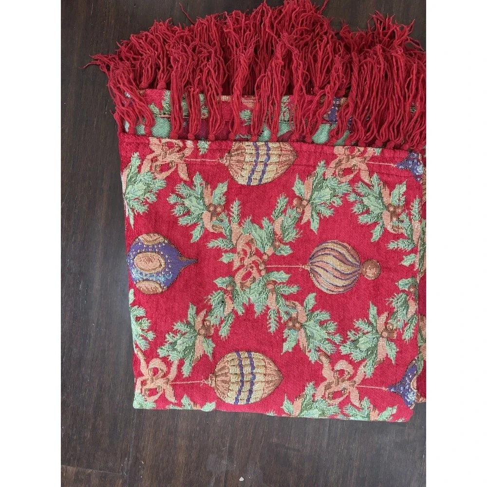 Christmas Table Topper Upholstery Fabric Fringed Holiday Bulbs Cover 49